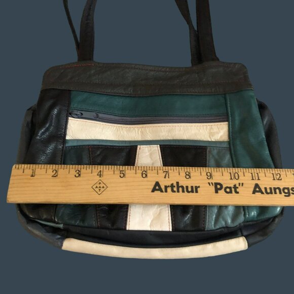 Leather Shoulder Bag Multi-Color Patchwork W/Zippered Pockets VTG - Picture 5 of 6
